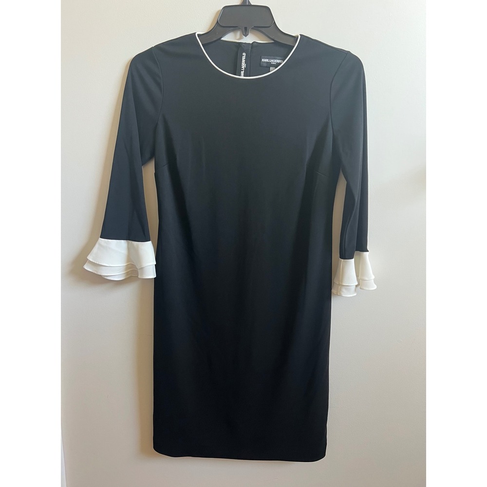 Karl Lagerfeld Black Dress White Trim Ruffle‎ Sleeve Sheath Size 6